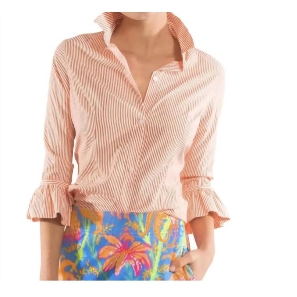 Gretchen Scott Priss Brooks Striped Coral Ruffle Sleeve Women's Blouse